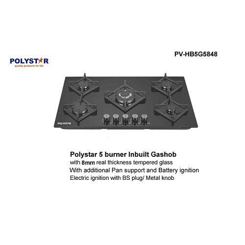 POLYSTAR 8MM 5 GAS BURNER TEMPERED GAS HOB – PV-HB5G5848