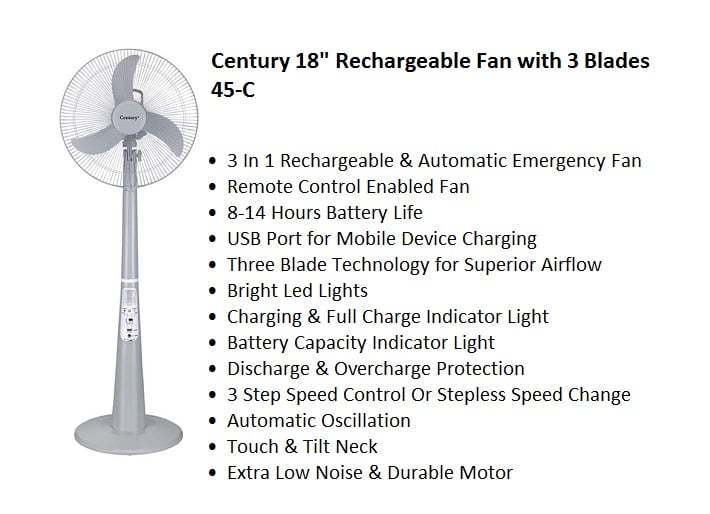 Century 18 Inch Rechargeable Fan With 3 Blades | RFC45C