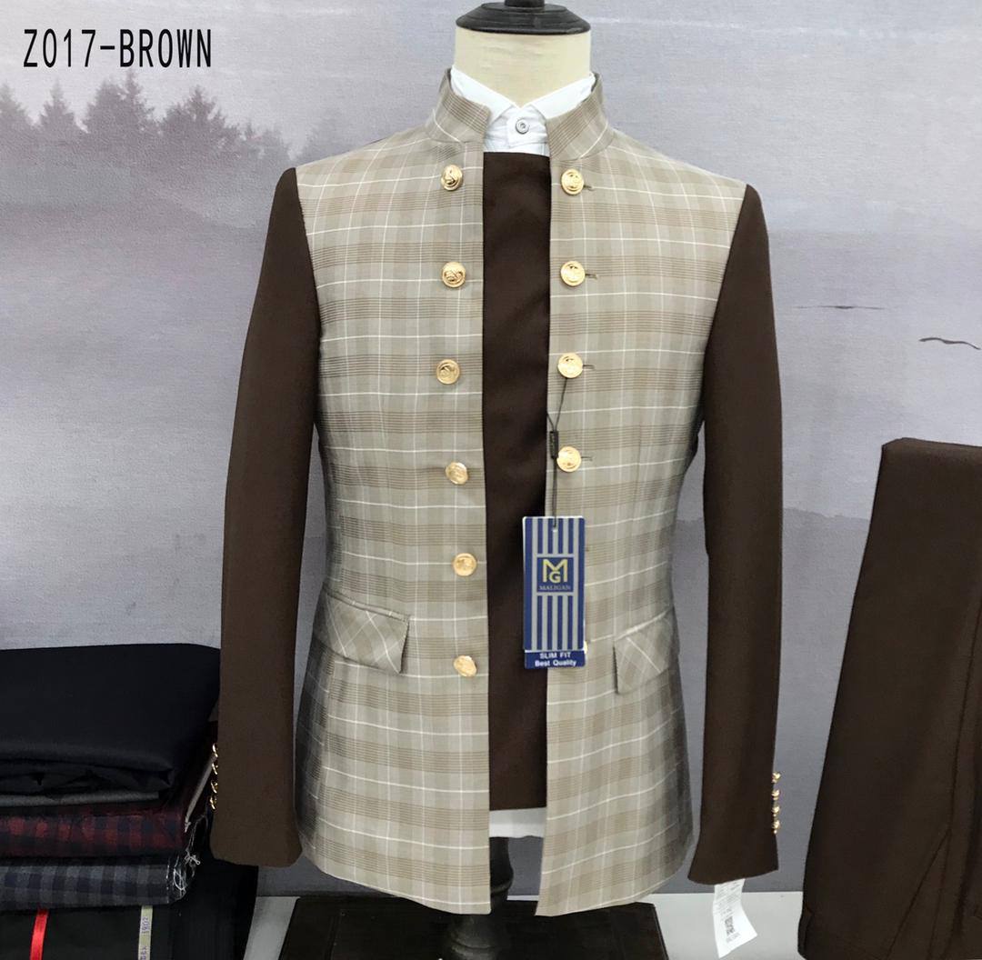 COFFEE BROWN AND LIGHT BROWN STRIPPED MANAGER SUIT WITH GOLDEN BUTTONS [SWNL]