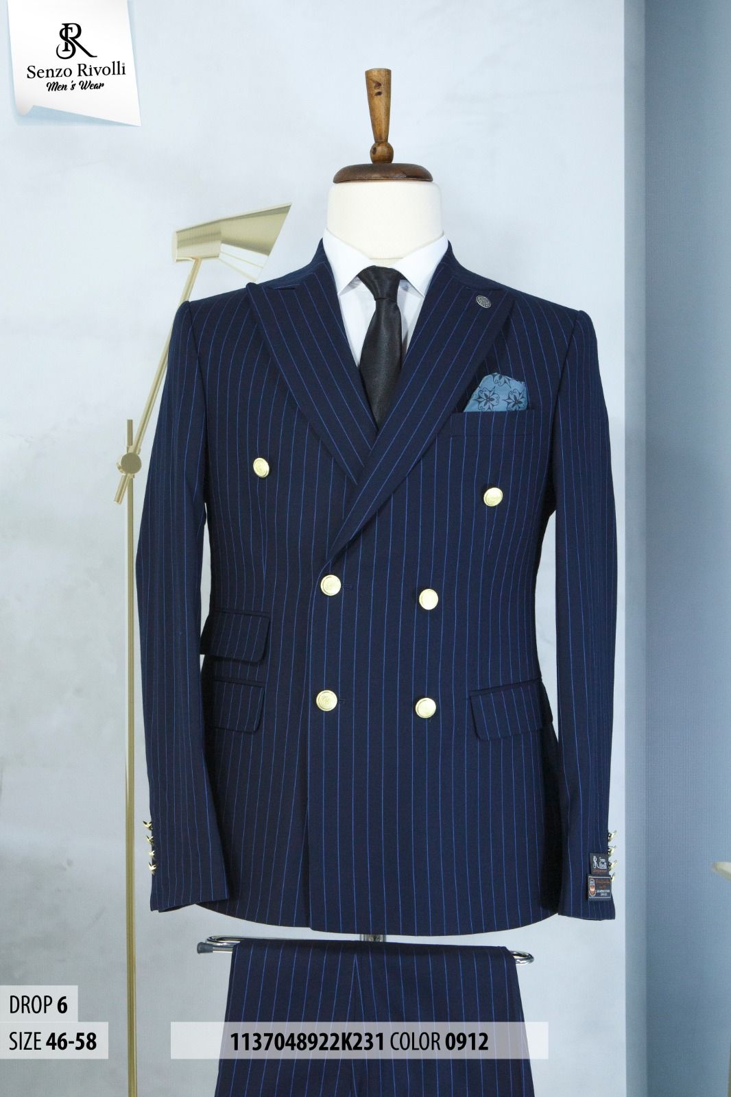 EXECUTIVE NAVY BLUE AND LIGHT BROWN STRIPPED TURKEY SUIT WITH GOLDEN BUTTON