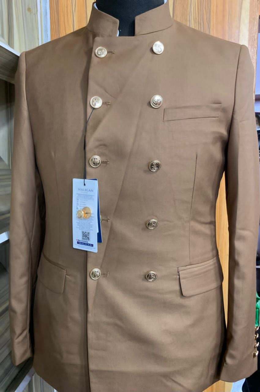 EXECUTIVE BROWN BREASTED TURKEY SUIT WITH BISHOP NECK AND GOLDEN BUTTON [SWNL]