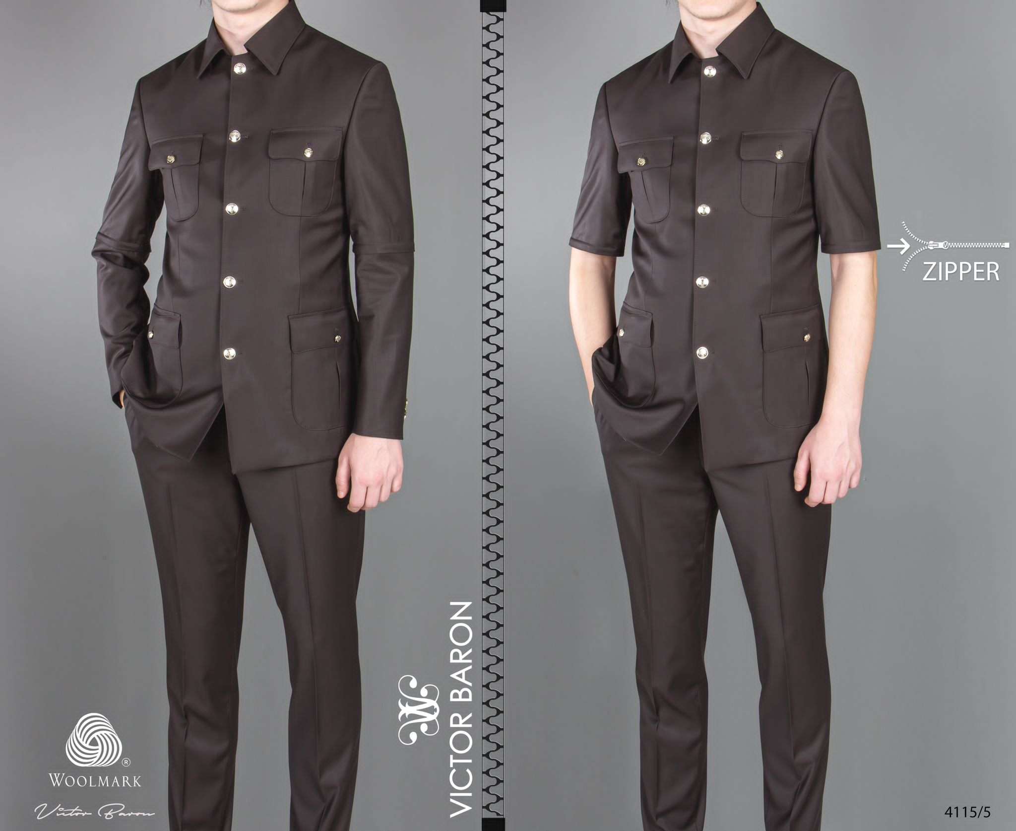 EXECUTIVE BROWN LONGSLEEVE AND SHORTSLEEVE SUIT WITH COLLAR AND GOLDEN BUTTON