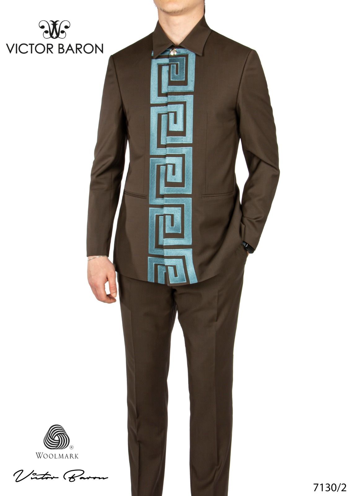 EXECUTIVE DARK BROWN LONGSLEEVE SUIT WITH BLUE FENDI DESIGN WITH NORMAL COLLAR [SWNL]