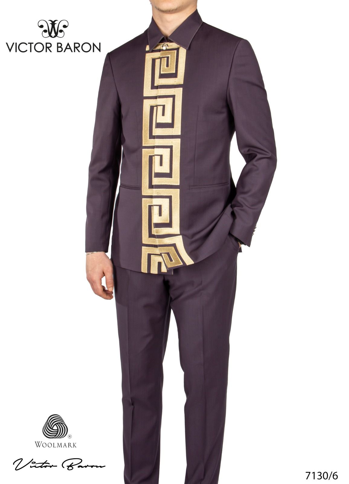 EXECUTIVE DARK GREY LONGSLEEVE SUIT WITH GOLDEN FENDI DESIGN WITH COLLAR [SWNL]