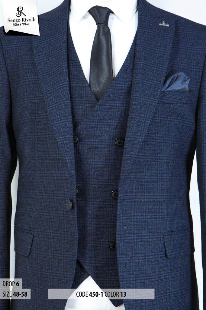 EXECUTIVE NAVY BLUE STRIPPED 3 PIECE TURKEY SUIT WITH BLACK BUTTON