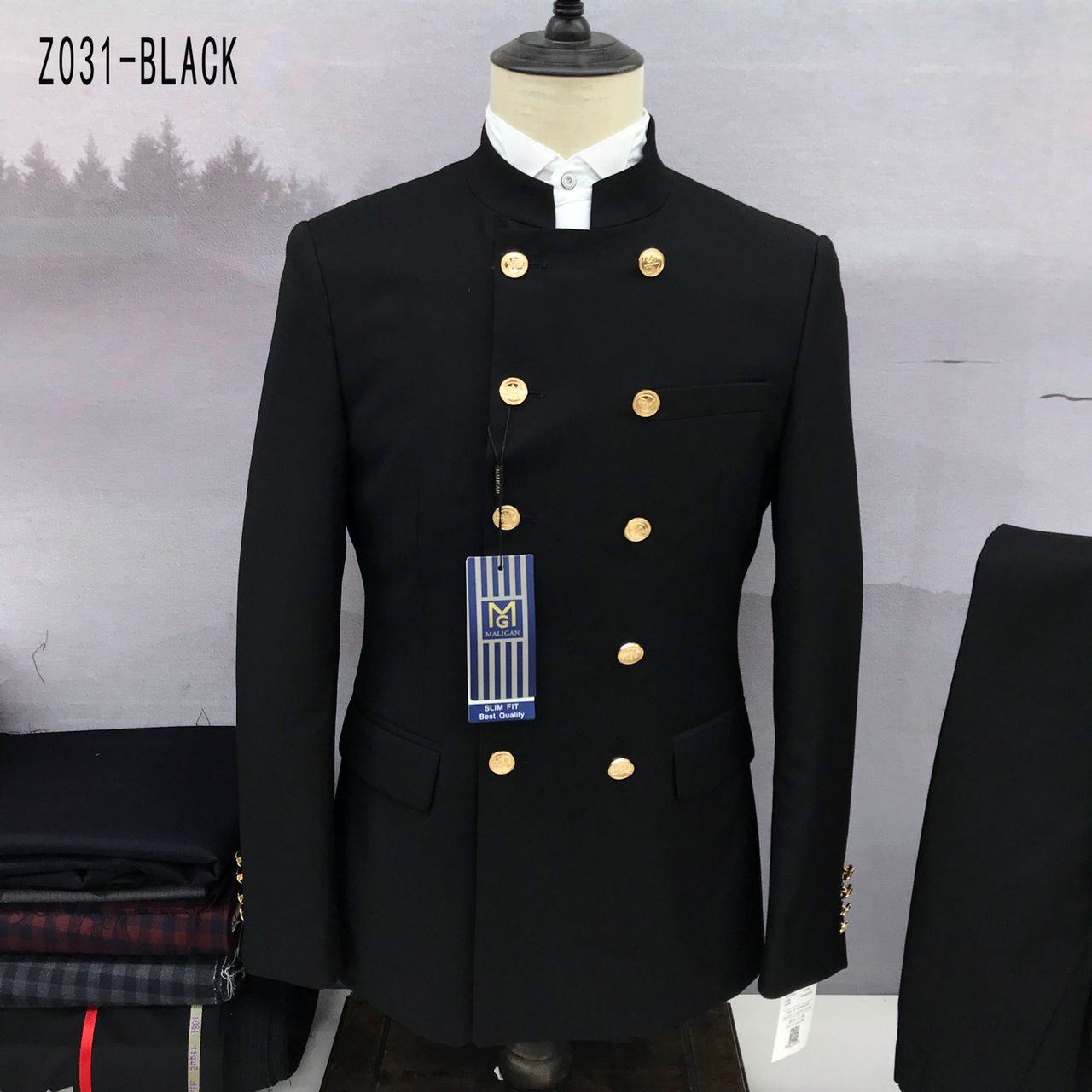 MANAGER BLACK TURKEY SUIT WITH BISHOP NECK AND GOLDEN BUTTONS