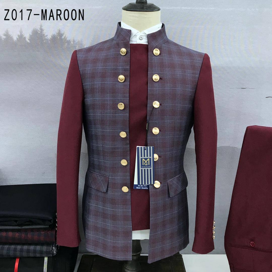 MAROON AND GREY STRIPPED MANAGERS SUIT WITH 12 GOLDEN BUTTONS