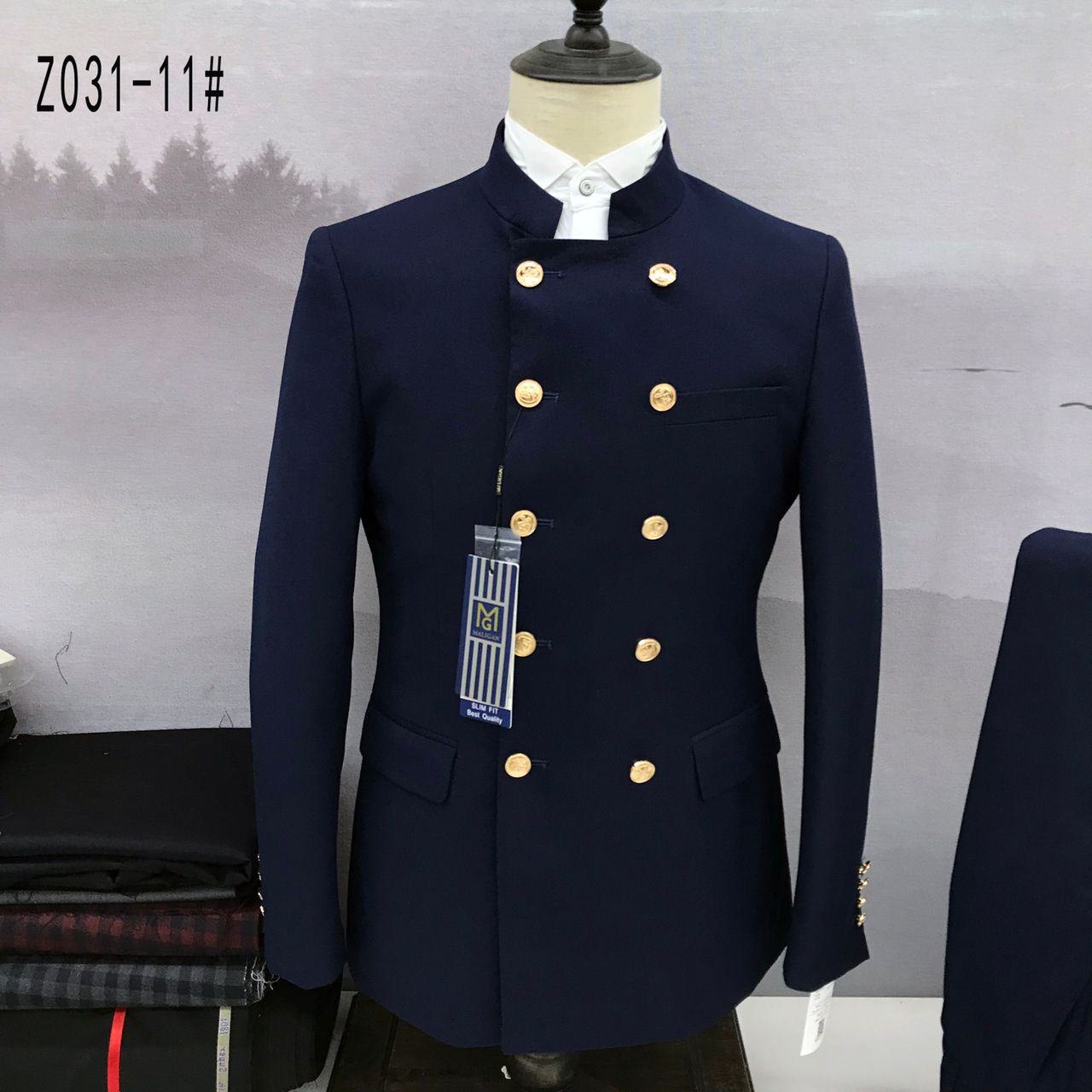 NAVY BLUE MANAGER TURKEY SUIT WITH BISHOP NECK AND GOLDEN BUTTON