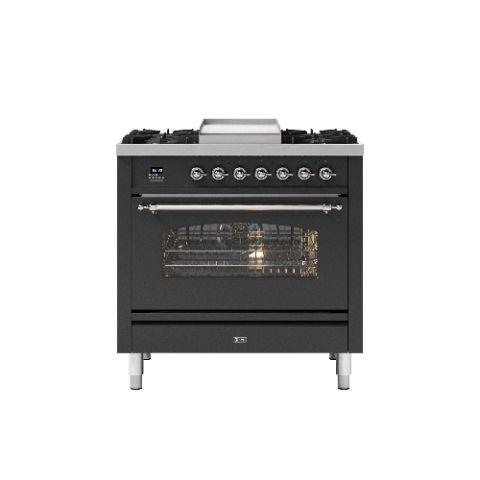 ILVE P09FNE3/MGC 90cm MILANO DUAL FUEL SINGLE OVEN RANGER COOKER WITH 4 GAS BURNERS & FRYTOP – MATT GRAPHITE WITH CHROME TRIM