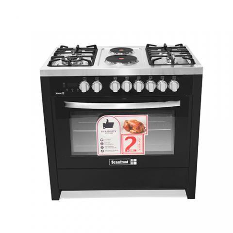 SCANFROST SFC9423B 90x60 CMS 4 GAS BURNERS + 2 ELECTRIC HOTPLATE COOKER BLACK