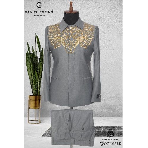 EXECUTIVE LIGHT GREY TURKEY SUIT WITH GOLDEN DESIGN AND COLLAR | AVAILABLE IN ALL SIZES (DEFAS) (N)