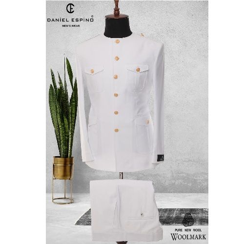 EXECUTIVE WHITE TURKEY SUIT WITH GOLDEN BUTTONS AND ROUND NECK AVAILABLE IN ALL SIZES (DEFAS) (N)