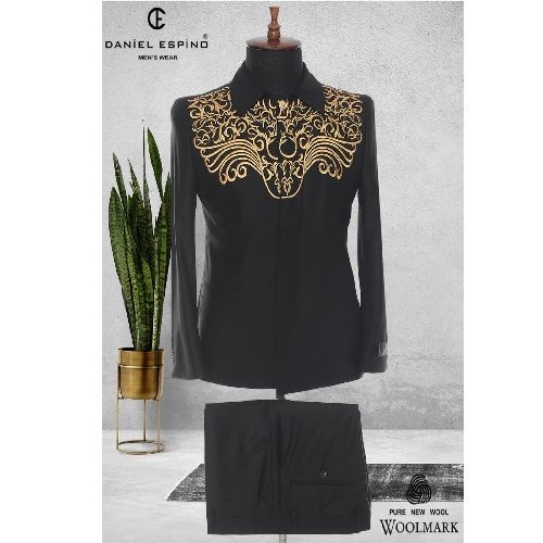 EXECUTIVE BLACK TURKEY SUIT WITH GOLDEN DESIGN AND COLLAR | AVAILABLE IN ALL SIZES (DEFAS) (N)