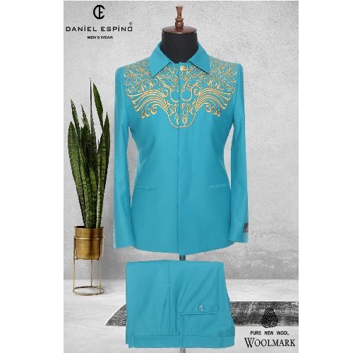 EXECUTIVE SKY BLUE TURKEY SUIT WITH GOLDEN DESIGN AND COLLAR | AVAILABLE IN ALL SIZES (DEFAS) (N