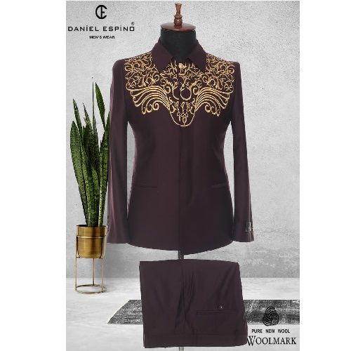 EXECUTIVE COFFEE BROWN TURKEY SUIT WITH GOLDEN DESIGN AND COLLAR | AVAILABLE IN ALL SIZES (DEFAS) (N)