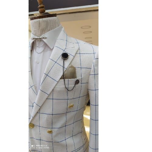 EXECUTIVE WHITE AND BLUE STRIPE CHECKER SUIT WITH GOLDEN DESIGN  | AVAILABLE IN ALL SIZES (DEFAS) (N)