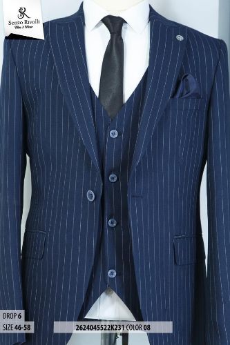 EXQUISITE NAVY BLUE STRIPPED THREE PIECES TURKEY SUIT WITH ONE BUTTON | AVAILABLE IN ALL SIZES (SWNL) (N)