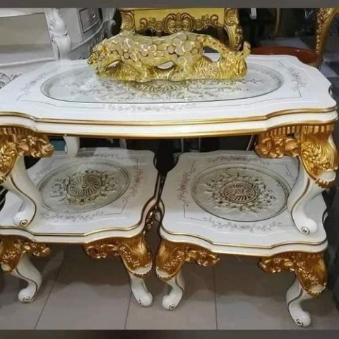 WHITE & GOLDEN QUALITY CENTER TABLE WITH 2 SIDE STOOLS  (SOFU)