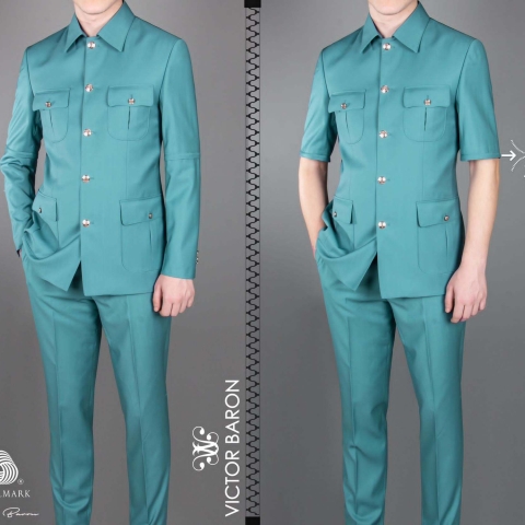 EXECUTIVE ARMY GREEN LONGSLEEVE AND SHORTSLEEVE SUIT WITH COLLAR AND GOLDEN BUTTON