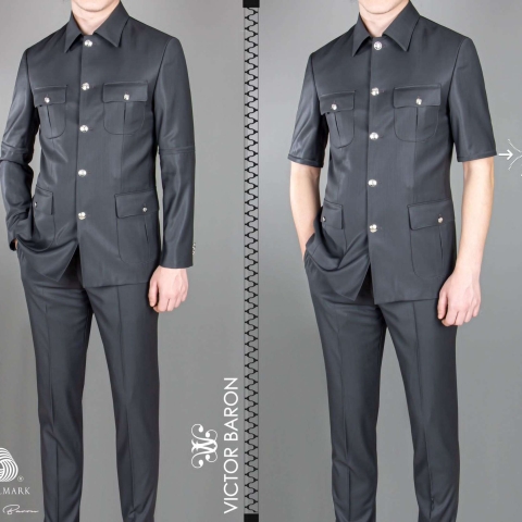 EXECUTIVE BLACK SUIT (short sleeve) WITH COLLAR AND GOLDEN BUTTON [SWNL]
