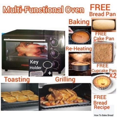 Eurosonic |19 Litres - Bake + Re Heating+Toast + Grilling Oven + Barbecue BBQ Function+ 1 FREE Bread Pan + Baking Pan + Bread Receipe + 2 Cupcake Pans + Key Holder