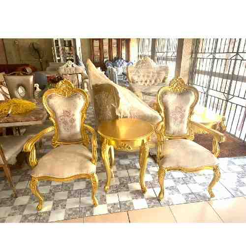 2 QUALITY GOLDEN CHAIRS & ROUND SIDE STOOL (EKIN)