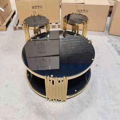 QUALITY DESIGNED BLACK GLASS TOP ROUND CENTER TABLE WITH GOLDEN FRAME & 2 SIDE STOOLS  - AVAILABLE (SAINT)