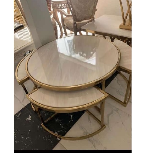 QUALITY DESIGNED CREAM & GOLD CENTER TABLE & 2 SIDE STOOLS  - AVAILABLE (SAINT)