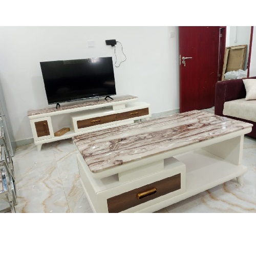 QUALITY DESIGNED CREAM & BROWN MARBLE TOP CENTER TABLE & TV STAND -AVAILABLE (SATEC)