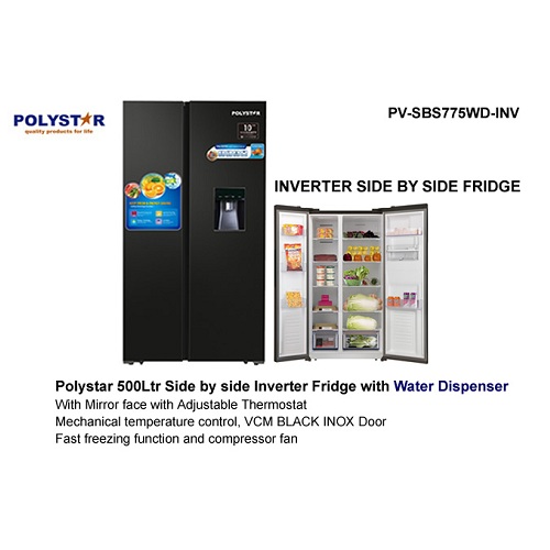 POLYSTAR 500L SIDE BY SIDE INVERTER REFRIGERATOR With Water Dispenser | PV-SBS775WD-INV