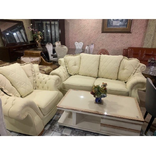 QUALITY 7 SEATERS CREAM LEATHER SOFA & CENTER TABLE (EKIN)