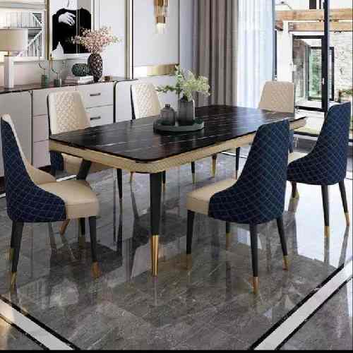 QUALITY DESIGNED BLACK & CREAM RECTANGULAR MARBLE TOP TABLE WITH 6 CHAIRS  - AVAILABLE (SAINT)