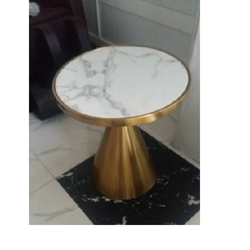 QUALITY DESIGNED GOLD & WHITE MARBLE ROUND CENTER TABLE WITH 2 SIDE STOOLS - AVAILABLE (MOBIN) 