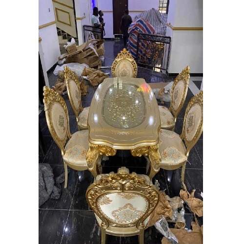 QUALITY DESIGNED ROYAL CREAM & GOLD DINING TABLE WITH 6 CHAIRS  - AVAILABLE (SAINT)