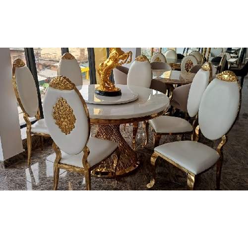 QUALITY ROUND WHITE MARBLE & GOLD DESIGN DINING TABLE WITH 6 CHAIRS - AVAILABLE (OKAF)