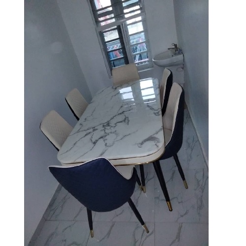 QUALITY DESIGNED CREAM MARBLE DINING TABLE & 6 CHAIRS- AVAILABLE (CHILU)