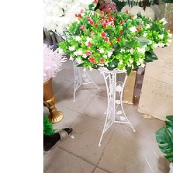 WHITE METAL THREE LEGGED FLOWER POT WITH WHITE, GREEN & RED FLOWERS (IWSL) - Large