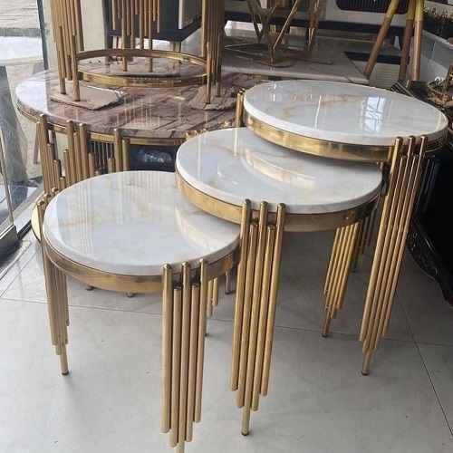 QUALITY DESIGNED WHITE TOP ROUND CENTER TABLE WITH GOLDEN FRAME & 3 SIDE STOOLS  - AVAILABLE (SAINT)