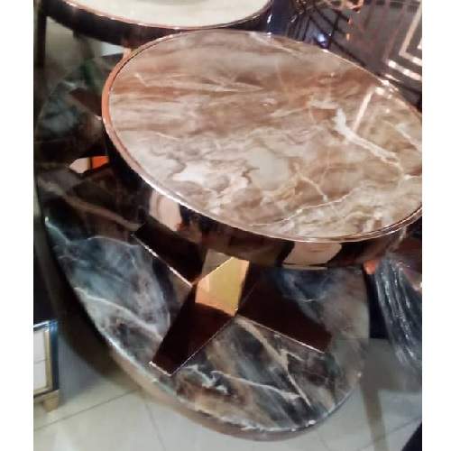 QUALITY DESIGNED BROWN ROUND MARBLE CENTER TABLE WITH 2 SIDE STOOLS - AVAILABLE (CHIN)