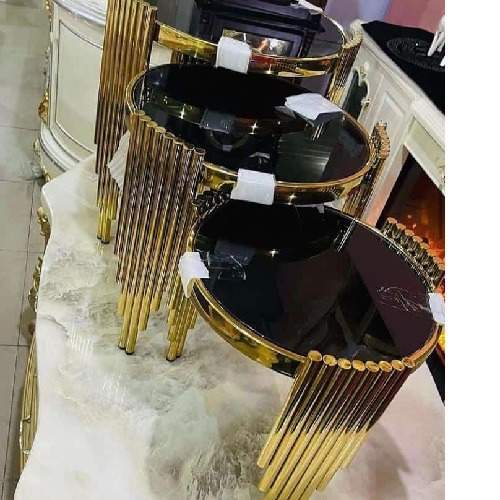 QUALITY DESIGNED 3 PIECES BLACK & GOLD ROUND  CENTER TABLES - AVAILABLE (JAFU)