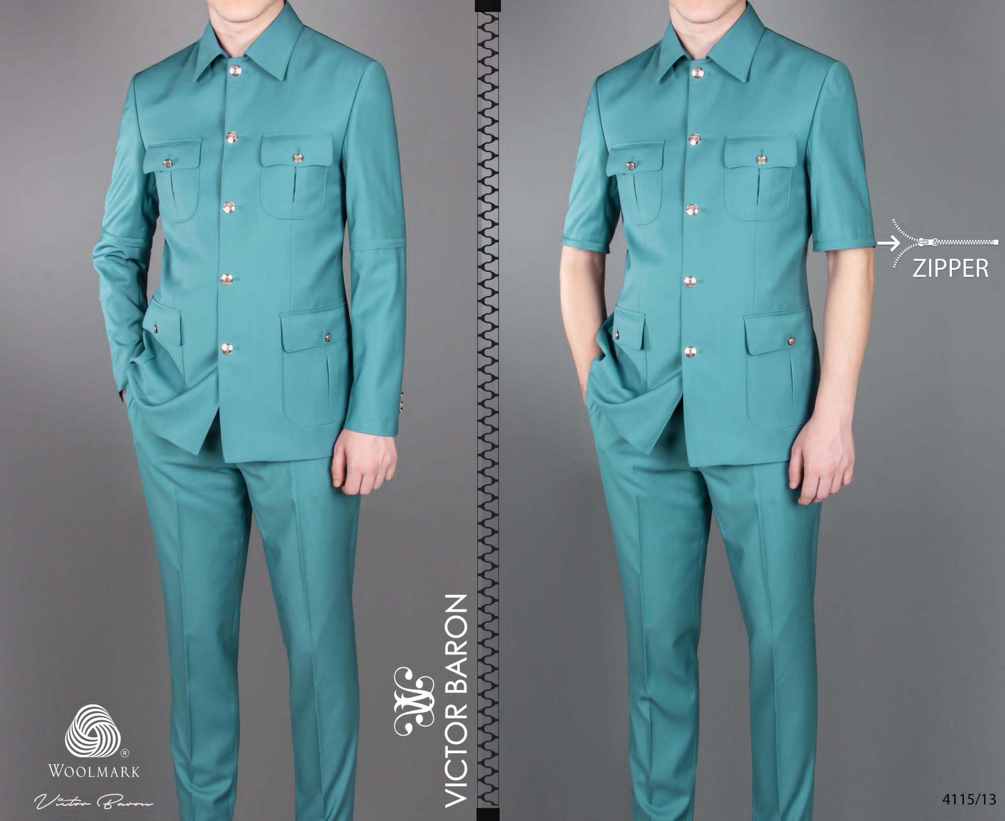 EXECUTIVE ARMY GREEN LONGSLEEVE AND SHORTSLEEVE SUIT WITH COLLAR AND GOLDEN BUTTON