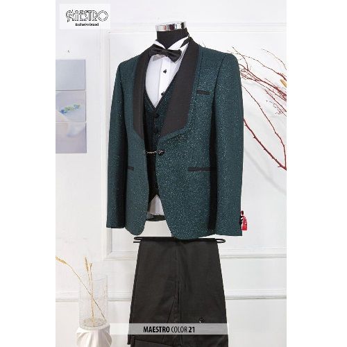 EXQUISITE DARK GREEN AND BLACK CEREMONIAL THREE PIECES TURKEY SUIT WITH BLACK BUTTONS | AVAILABLE IN ALL SIZES (SWNL) (N)