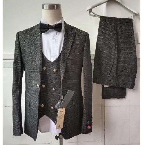 DARK GREY CHECKERS SUIT WITH ONE BUTTON SUIT | AVAILABLE IN ALL SIZES (MADU) (N)