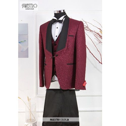 EXQUISITE MAROON AND BLACK CEREMONIAL THREE PIECES TURKEY SUIT WITH BLACK BUTTONS | AVAILABLE IN ALL SIZES (SWNL) (N)