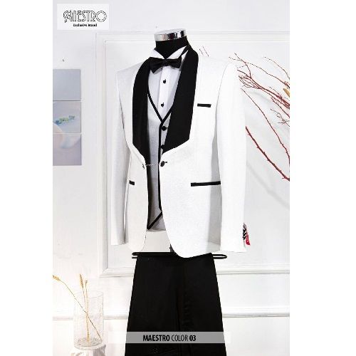 EXQUISITE WHITE AND BLACK CEREMONIAL THREE PIECES TURKEY SUIT WITH BLACK BUTTONS | AVAILABLE IN ALL SIZES (SWNL) (N)