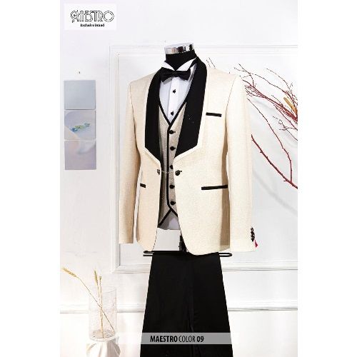 EXQUISITE CREAM AND BLACK CEREMONIAL THREE PIECES TURKEY SUIT WITH BLACK BUTTONS | AVAILABLE IN ALL SIZES (SWNL) (N)