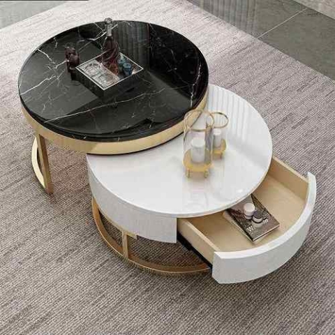 QUALITY DESIGNED 2 PIECES WHITE & BLACK ROUND MARBLE TOP CENTER TABLE - AVAILABLE (SAINT)