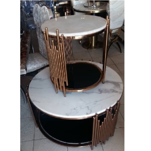 QUALITY DESIGNED WHITE MARBLE TOP CENTER TABLE & 2 SIDE STOOLS- AVAILABLE (MOBIN)
