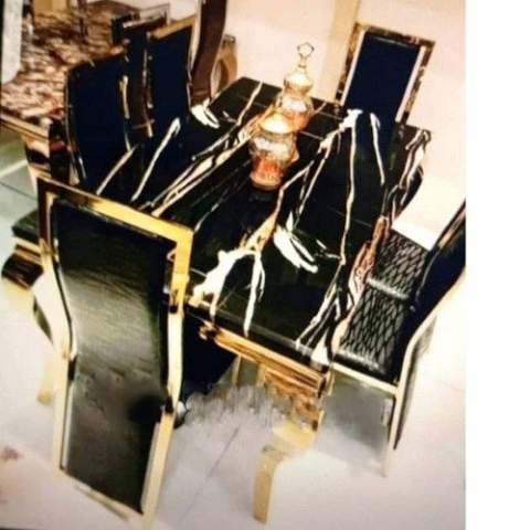 QUALITY DESIGNED BLACK & WHITE MARBLE TOP DINING TABLE WITH 6 CHAIRS - AVAILABLE (MOBIN) 