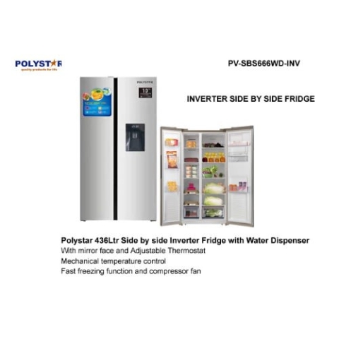 Polystar Refrigerator/ Inverter Side By Side With Water Dispenser/ VCM Inox Door -PV-SBS666WD-INV